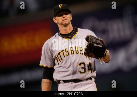 Pittsburgh Pirates starting pitcher A.J. Burnett (34) throws in the first  inning against the Cincinnati Reds at PNC Park in Pittsburgh, on June 25,  2015. Photo by Archie Carpenter/UPI Stock Photo - Alamy