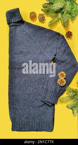 Knitted handmade items. Knitted fabric from colored thread. Bright background. copy space Stock Photo