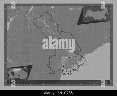 Astrakhan', region of Russia. Bilevel elevation map with lakes and rivers. Locations and names of major cities of the region. Corner auxiliary locatio Stock Photo