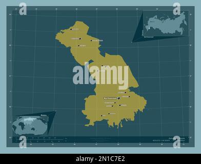 Astrakhan', region of Russia. Solid color shape. Locations and names of major cities of the region. Corner auxiliary location maps Stock Photo