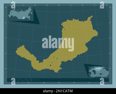 Buryat, republic of Russia. Solid color shape. Locations of major cities of the region. Corner auxiliary location maps Stock Photo