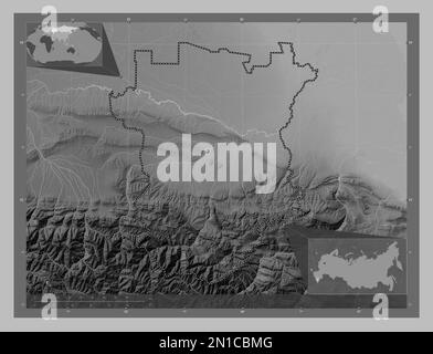Chechnya, republic of Russia. Grayscale elevation map with lakes and rivers. Corner auxiliary location maps Stock Photo
