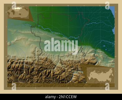 Chechnya, republic of Russia. Colored elevation map with lakes and rivers. Corner auxiliary location maps Stock Photo