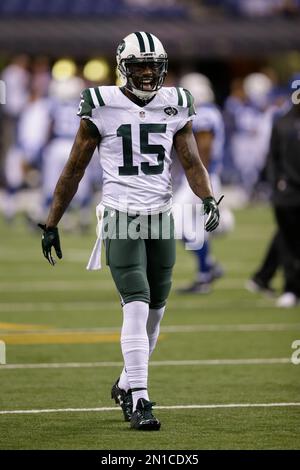 New York Jets wide receiver Brandon Marshall (15) before an NFL football  game against the Indianapolis Colts in Indianapolis, Monday, Sept. 21,  2015. (AP Photo/Darron Cummings Stock Photo - Alamy