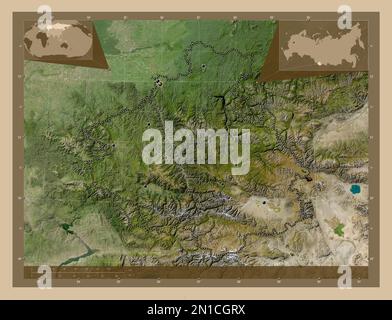 Gorno-Altay, republic of Russia. Low resolution satellite map. Locations of major cities of the region. Corner auxiliary location maps Stock Photo