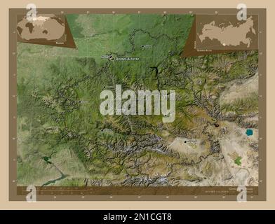 Gorno-Altay, republic of Russia. Low resolution satellite map. Locations and names of major cities of the region. Corner auxiliary location maps Stock Photo