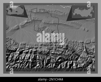 Ingush, republic of Russia. Bilevel elevation map with lakes and rivers. Locations of major cities of the region. Corner auxiliary location maps Stock Photo