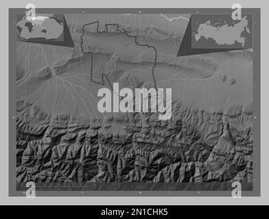 Ingush, republic of Russia. Grayscale elevation map with lakes and rivers. Corner auxiliary location maps Stock Photo