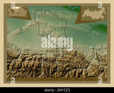 Ingush, republic of Russia. Colored elevation map with lakes and rivers. Locations of major cities of the region. Corner auxiliary location maps Stock Photo