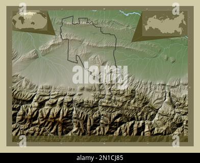 Ingush, republic of Russia. Elevation map colored in wiki style with lakes and rivers. Corner auxiliary location maps Stock Photo