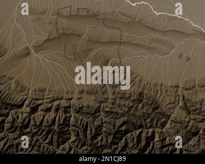 Ingush, republic of Russia. Elevation map colored in sepia tones with lakes and rivers Stock Photo