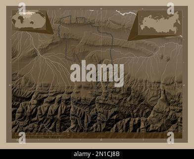 Ingush, republic of Russia. Elevation map colored in sepia tones with lakes and rivers. Corner auxiliary location maps Stock Photo