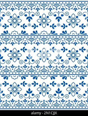 Scandinavian folk art outline vector seamless pattern, navy blue retro design with flowers inspired by old embroidery backgrounds Stock Vector