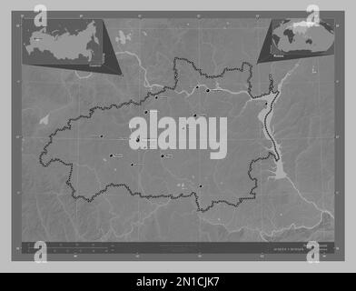 Ivanovo, region of Russia. Grayscale elevation map with lakes and rivers. Locations and names of major cities of the region. Corner auxiliary location Stock Photo