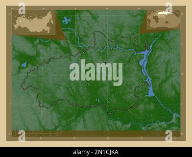 Ivanovo, region of Russia. Colored elevation map with lakes and rivers. Locations of major cities of the region. Corner auxiliary location maps Stock Photo