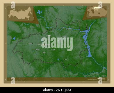 Ivanovo, region of Russia. Colored elevation map with lakes and rivers. Locations and names of major cities of the region. Corner auxiliary location m Stock Photo