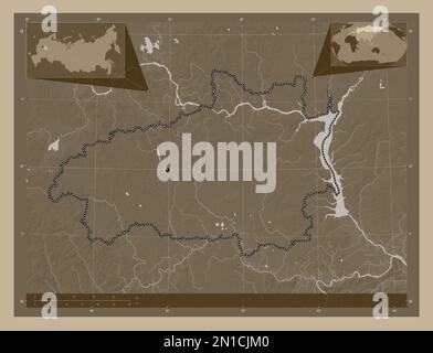 Ivanovo, region of Russia. Elevation map colored in sepia tones with lakes and rivers. Corner auxiliary location maps Stock Photo