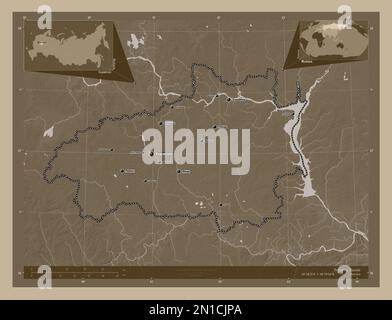 Ivanovo, region of Russia. Elevation map colored in sepia tones with lakes and rivers. Locations and names of major cities of the region. Corner auxil Stock Photo