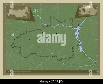 Ivanovo, region of Russia. Elevation map colored in wiki style with lakes and rivers. Locations of major cities of the region. Corner auxiliary locati Stock Photo