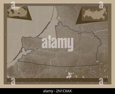 Kaliningrad, region of Russia. Elevation map colored in sepia tones with lakes and rivers. Corner auxiliary location maps Stock Photo