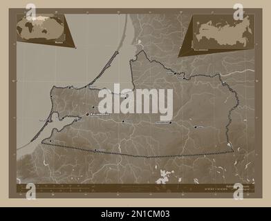 Kaliningrad, region of Russia. Elevation map colored in sepia tones with lakes and rivers. Locations and names of major cities of the region. Corner a Stock Photo