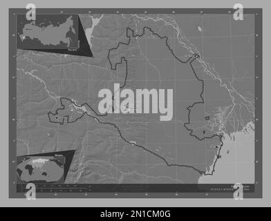 Kalmyk, republic of Russia. Bilevel elevation map with lakes and rivers. Locations and names of major cities of the region. Corner auxiliary location Stock Photo