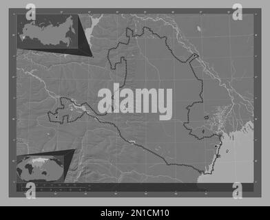 Kalmyk, republic of Russia. Bilevel elevation map with lakes and rivers. Locations of major cities of the region. Corner auxiliary location maps Stock Photo