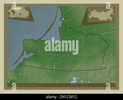 Kaliningrad, region of Russia. Elevation map colored in wiki style with lakes and rivers. Locations of major cities of the region. Corner auxiliary lo Stock Photo