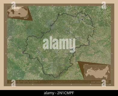 Kaluga, region of Russia. Low resolution satellite map. Locations and names of major cities of the region. Corner auxiliary location maps Stock Photo