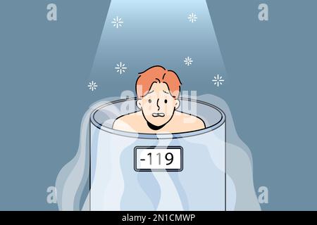 Unhappy man in reservoir undergo cryotherapy procedure in clinic or spa. Dissatisfied male client having whole body treatment in cryosauna. Healthcare. Vector illustration.  Stock Vector