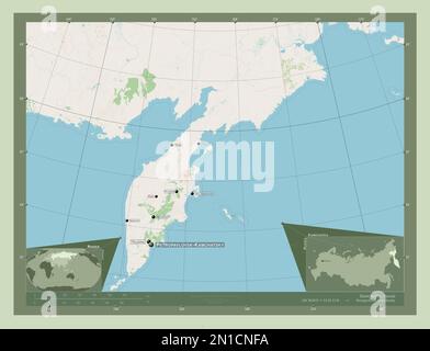Kamchatka, territory of Russia. Open Street Map. Locations and names of major cities of the region. Corner auxiliary location maps Stock Photo