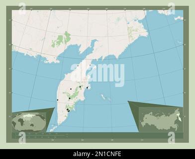 Kamchatka, territory of Russia. Open Street Map. Locations of major cities of the region. Corner auxiliary location maps Stock Photo