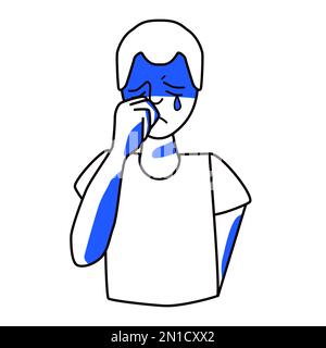 Sad boy, emotion of melancholy. Sadness teenager mood half body drawing, mourning adolescent with tears, crying melancholy of male child, despair and Stock Vector