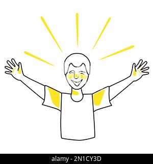 Happy boy, emotion of happiness. Joyful adolescent half body vector drawing, good spirit of female child, hands to the sides. Line with yellow spots s Stock Vector