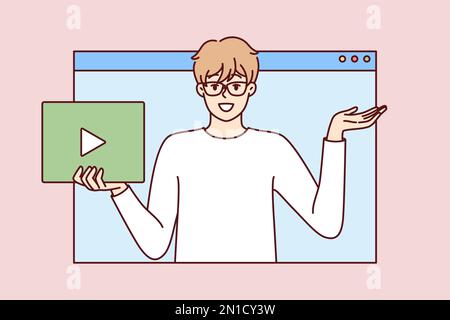 Man with play button in hand looks out of web browser window. Young guy in white t-shirt recommends that subscribe to video blog or do business promotion on social networks Stock Vector