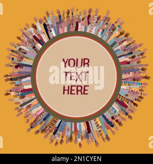 Many black skin African American men women children seniors  group raised hands arms in circle around round copy space. Black history month concept Stock Vector