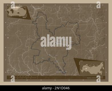Kirov, region of Russia. Elevation map colored in sepia tones with lakes and rivers. Locations and names of major cities of the region. Corner auxilia Stock Photo
