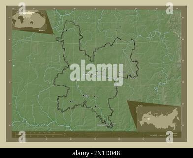 Kirov, region of Russia. Elevation map colored in wiki style with lakes and rivers. Locations and names of major cities of the region. Corner auxiliar Stock Photo
