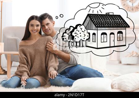 Lovely couple dreaming about new house. Illustration in thought bubble Stock Photo