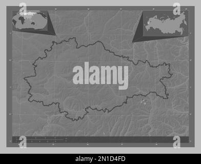 Kursk, region of Russia. Grayscale elevation map with lakes and rivers