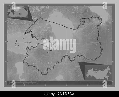 Leningrad, region of Russia. Grayscale elevation map with lakes and rivers. Corner auxiliary location maps Stock Photo