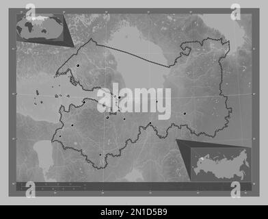 Leningrad, region of Russia. Grayscale elevation map with lakes and rivers. Locations of major cities of the region. Corner auxiliary location maps Stock Photo