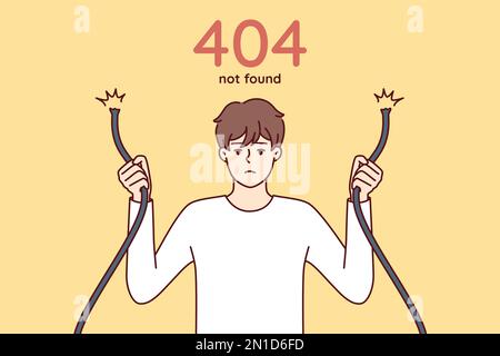Eror 404 with sad man holding broken wire in hands and having trouble accessing internet site. Guy with damaged network cable symbolizing web error when trying to access server Stock Vector