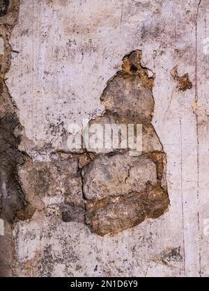 Texture of a damaged peeling plastered wall in a cellar. Stock Photo