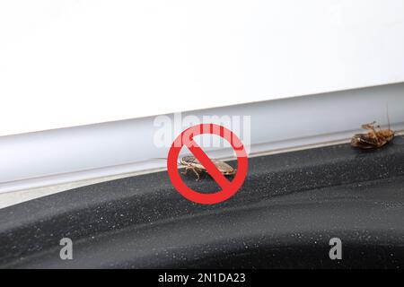 Cockroach with red prohibition sign on white background. Pest control ...