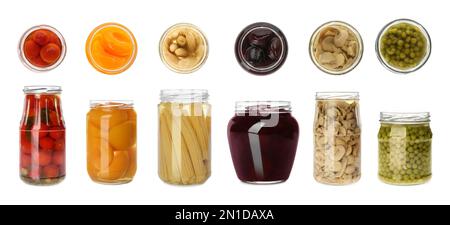 Set of jars with jam and pickled foods on white background. Banner design Stock Photo