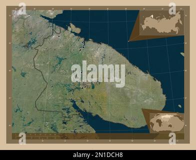 Murmansk, region of Russia. Low resolution satellite map. Locations of major cities of the region. Corner auxiliary location maps Stock Photo