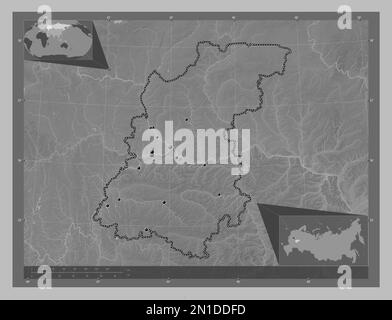 Nizhegorod, region of Russia. Grayscale elevation map with lakes and rivers. Locations of major cities of the region. Corner auxiliary location maps Stock Photo