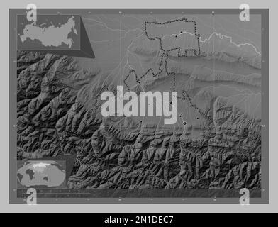 North Ossetia, republic of Russia. Grayscale elevation map with lakes and rivers. Locations of major cities of the region. Corner auxiliary location m Stock Photo