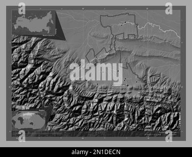 North Ossetia, republic of Russia. Bilevel elevation map with lakes and rivers. Locations and names of major cities of the region. Corner auxiliary lo Stock Photo
